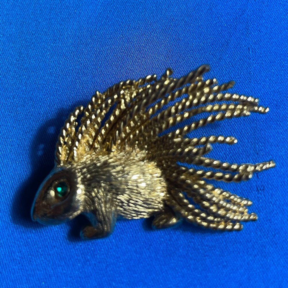 Vintage Gold-Tone Hedgehog Brooch with Green Eye